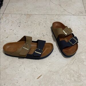 Birkenstock Two-Tone Buckle Sandals - Brown and Dark Blue